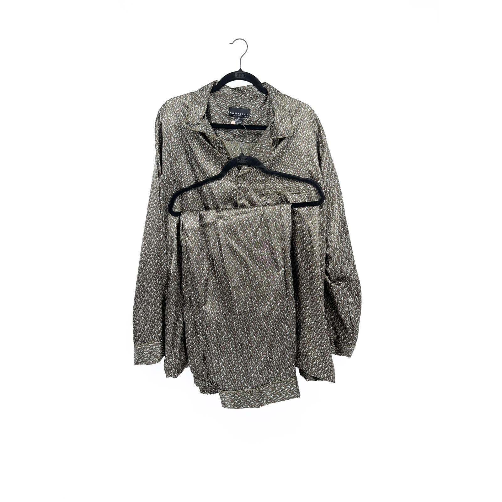 Robert Louis Pajama Set Men XL Olive Green Geometric Silk Blend Loungewear 0239