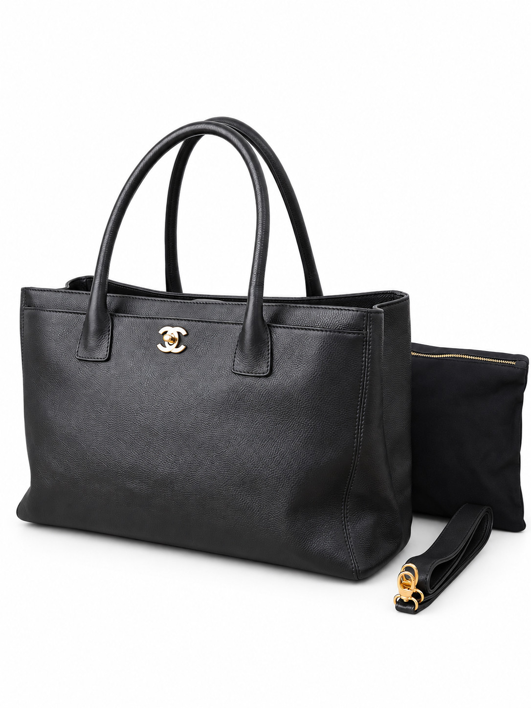 CHANEL Executive Cerf Black Leather Tote Shoulder Bag Gold Hardware