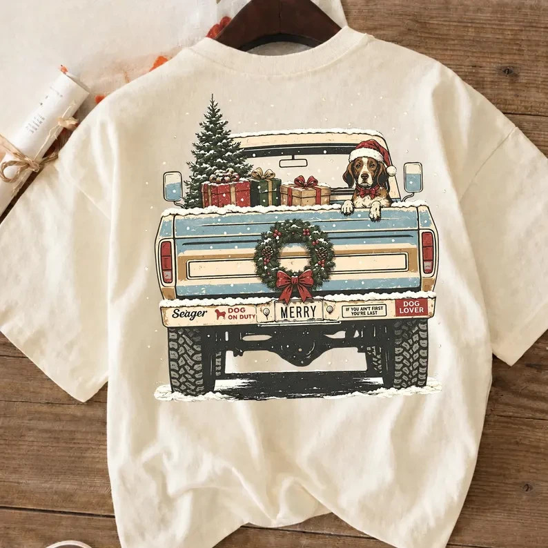 Vintage Christmas Truck Dog T-Shirt Retro Holiday Pickup Truck Graphic Tee