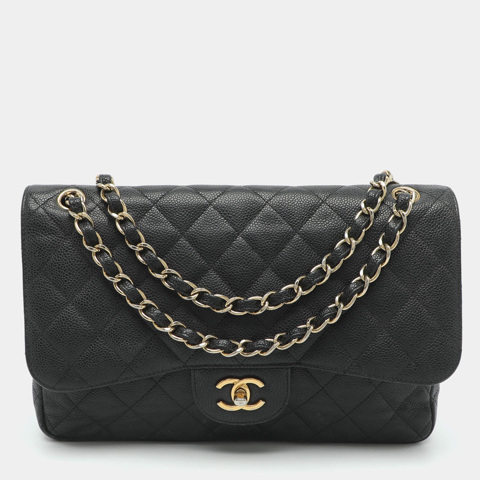 Chanel Classic Double Jumbo Black Caviar Quilted Leather Flap Bag