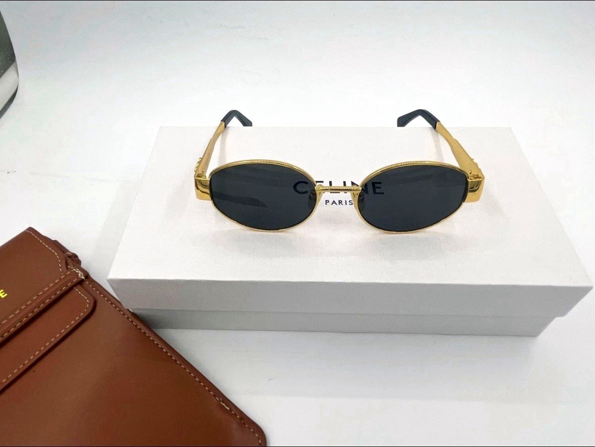 CELINE Men\'s Oval Sunglasses Gold Metal Frame Black Plastic Lenses Designer