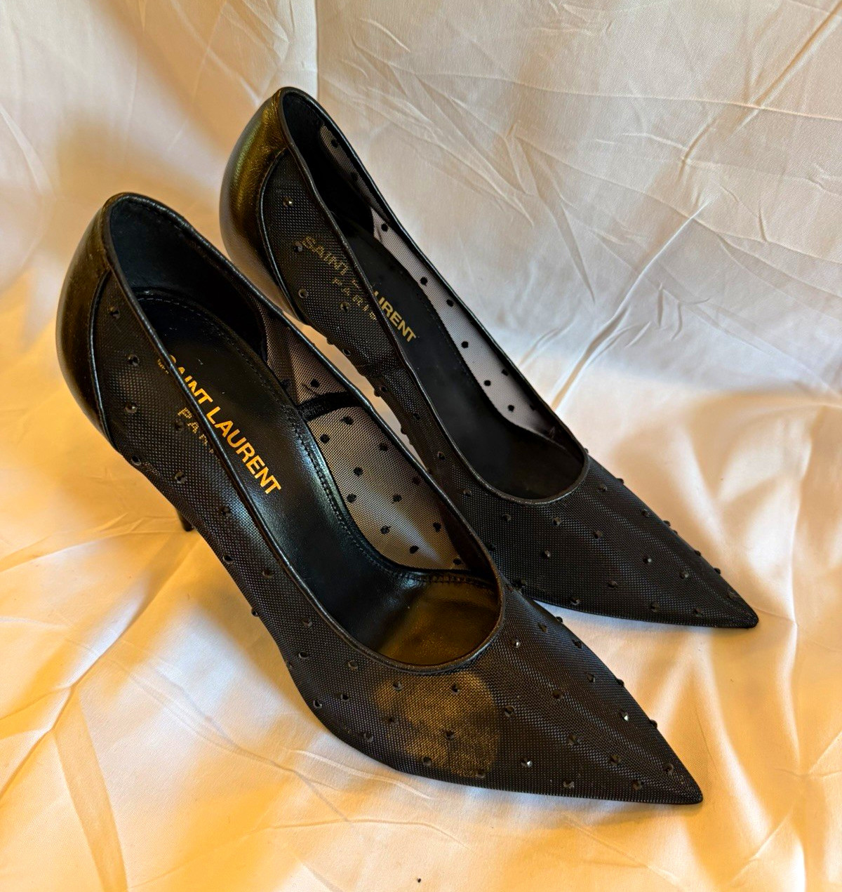 Saint Laurent Paris Black Studded Mesh Leather Stiletto Pump Pointed Toe 37.5