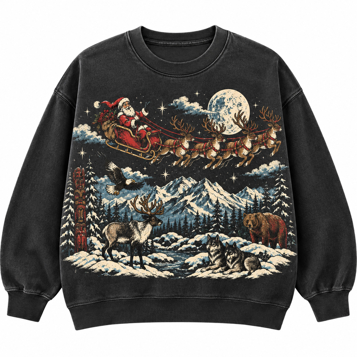 Vintage Christmas Wildlife Sweatshirt Santa Sleigh Mountain Reindeer Winter Crew
