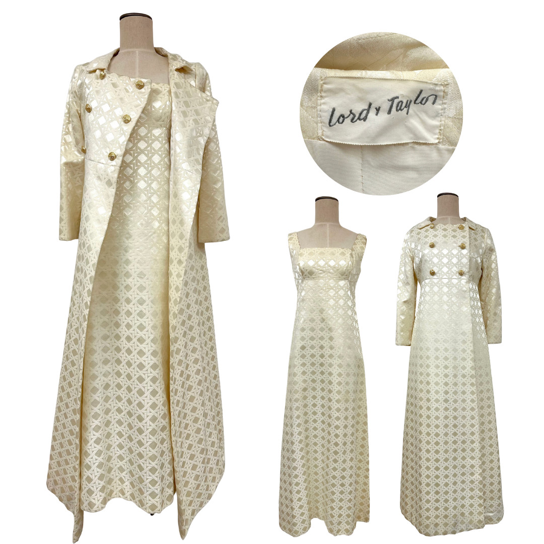 Vintage 1960s Lord & Taylor Ivory Brocade Dress & Jacket 2pc Set