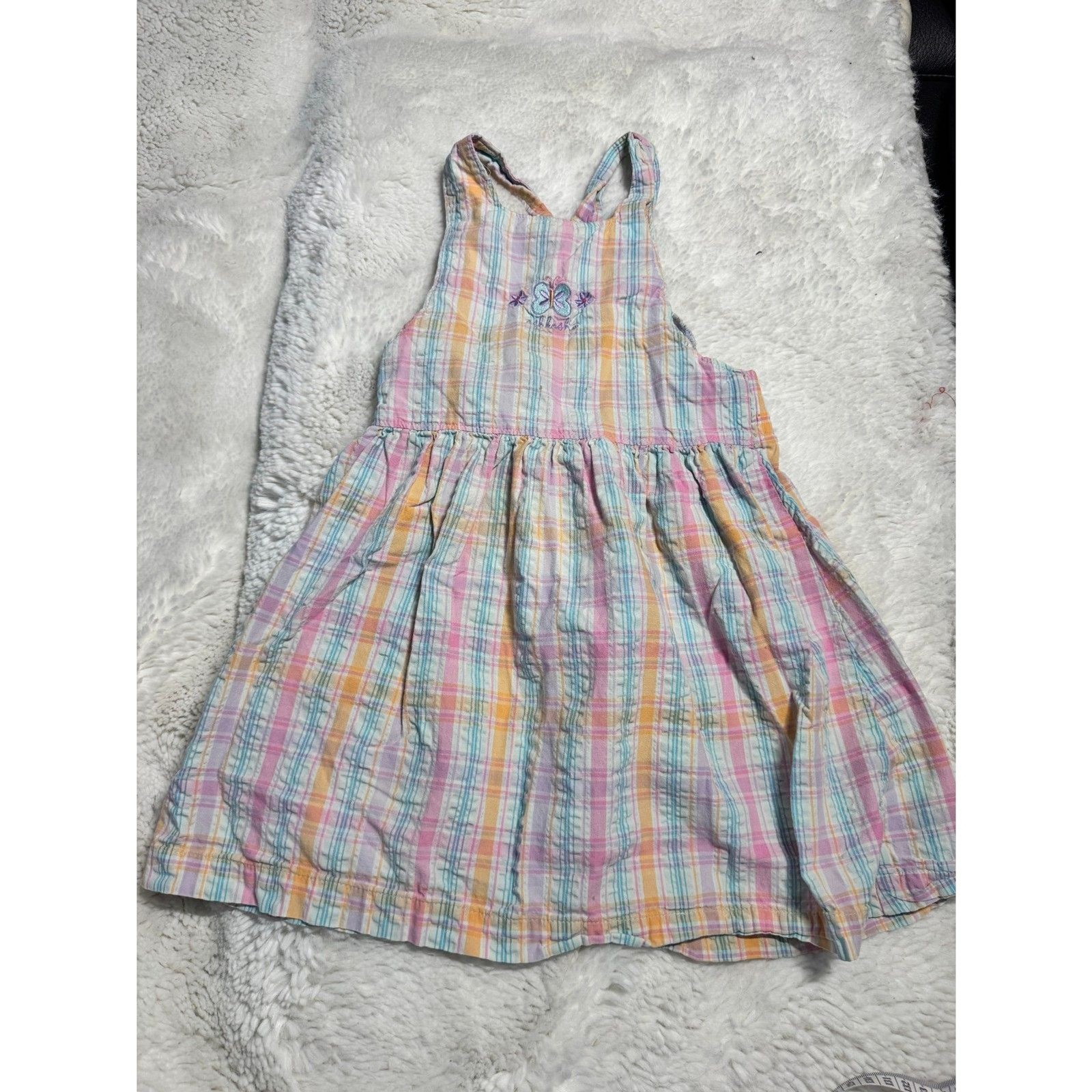 Vintage OshKosh B’gosh Girls Plaid Dress Size 4 Pastel Rainbow Cotton Sundress
