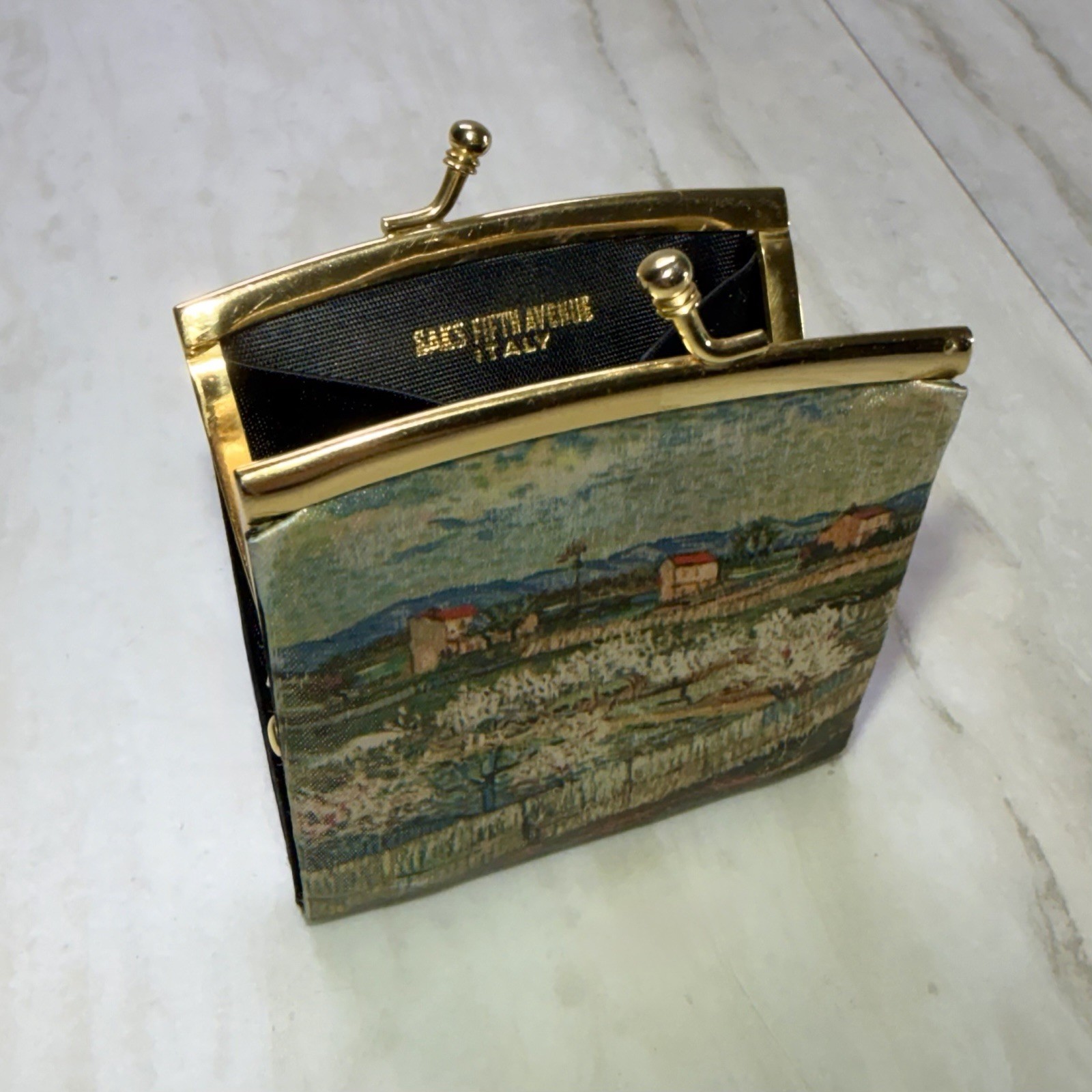 Vtg Saks Fifth Avenue Tapestry Coin Purse Italy Van Gogh Peach Trees in Blossom