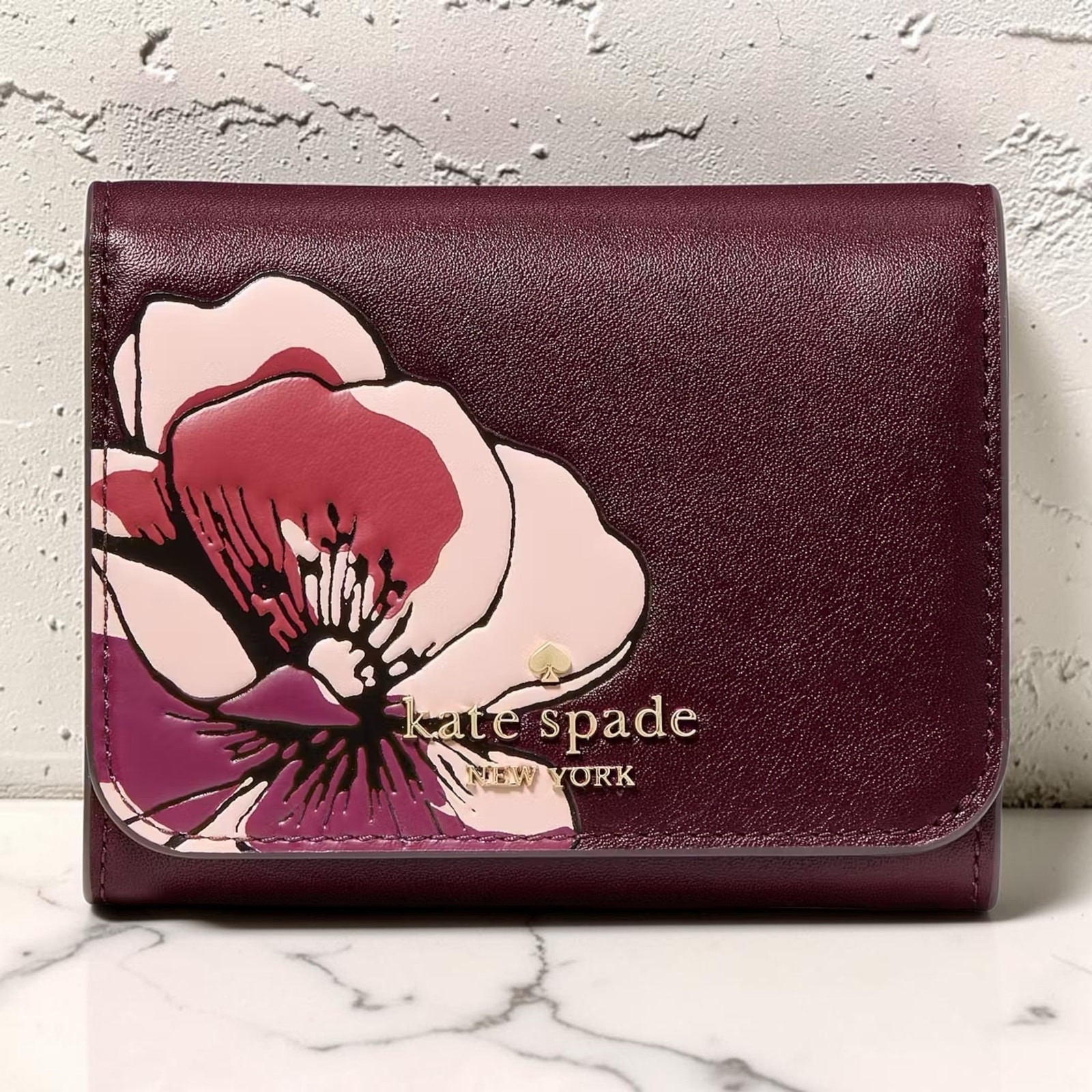 NWT Kate Spade Floral Small L Zip Flap Wallet Grenache Burgundy Leather KP331