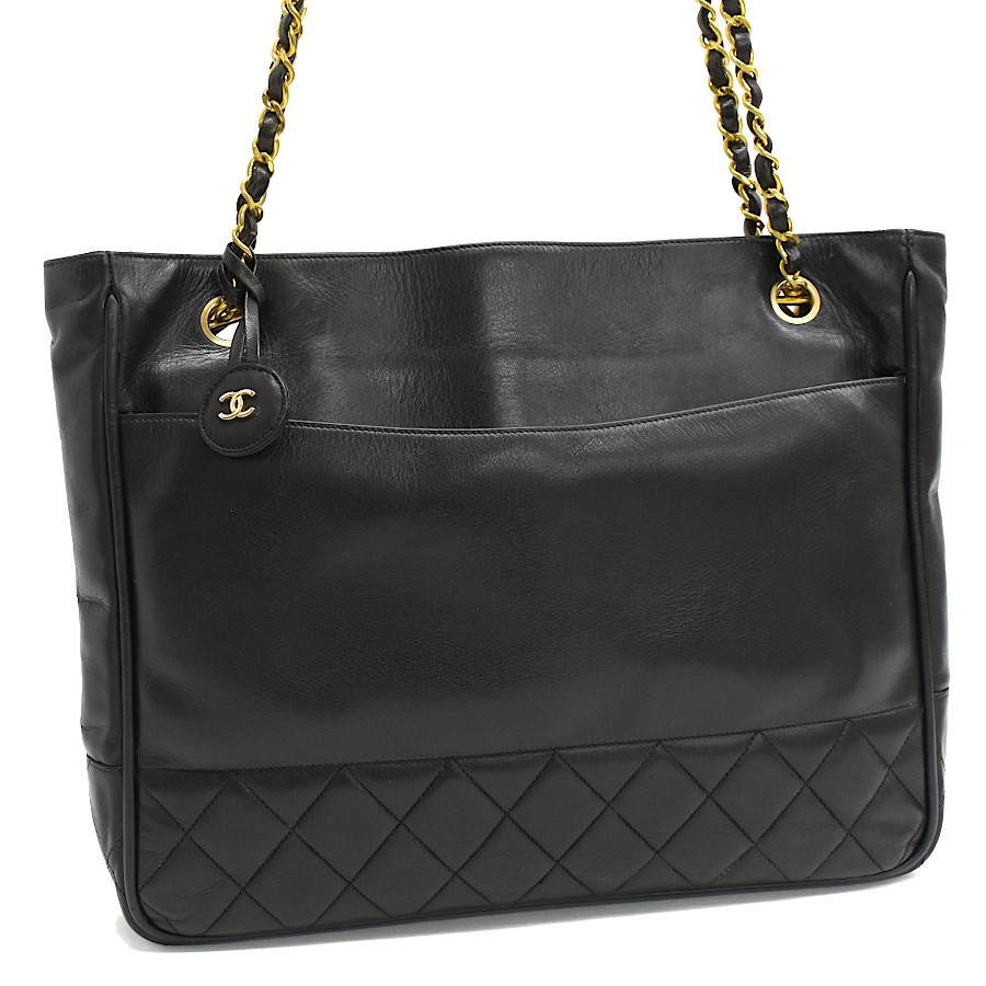 Vintage CHANEL Quilted Chain Tote Matelasse CC Logo Tote Bag Lambskin b48 T01S