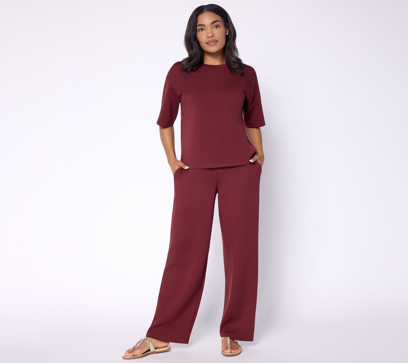 Susan Graver Women\'s Set Sz M Weekend Serene Knit Top Wide Leg Pant Red A734474