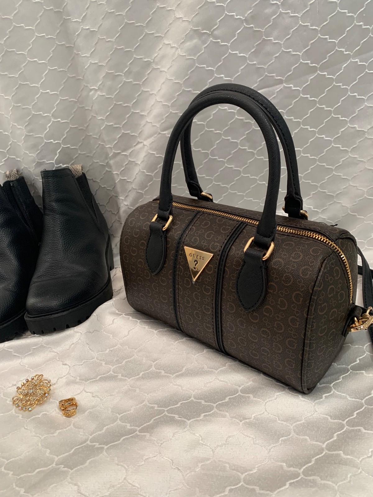 GUESS Brown & Black Monogram Boston Handbag with Gold-Tone Hardware