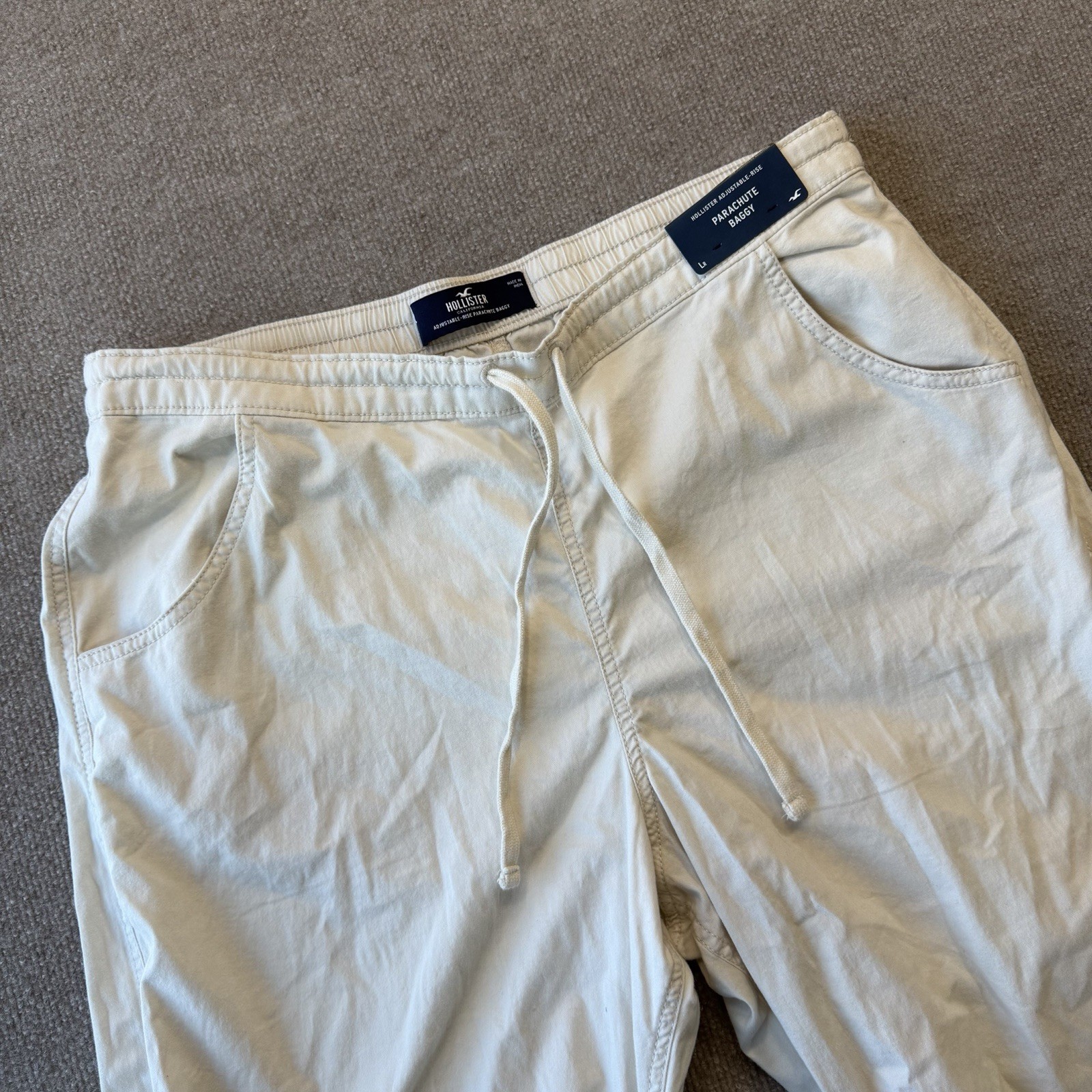 NWT Hollister Parachute Baggy Pant Mens L White Cotton Straight Leg Stretch