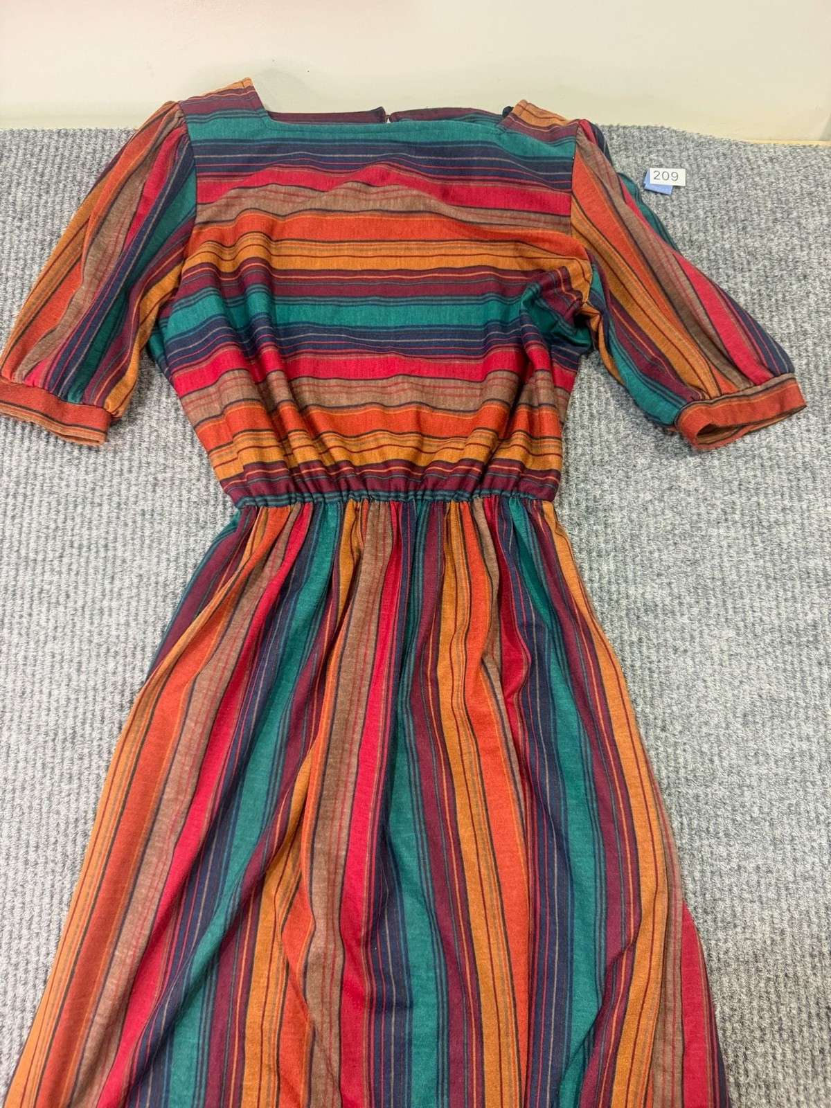 Vintage 1970s Striped Midi Dress Square Neck Puff Sleeve Boho Earth Tones XS / S