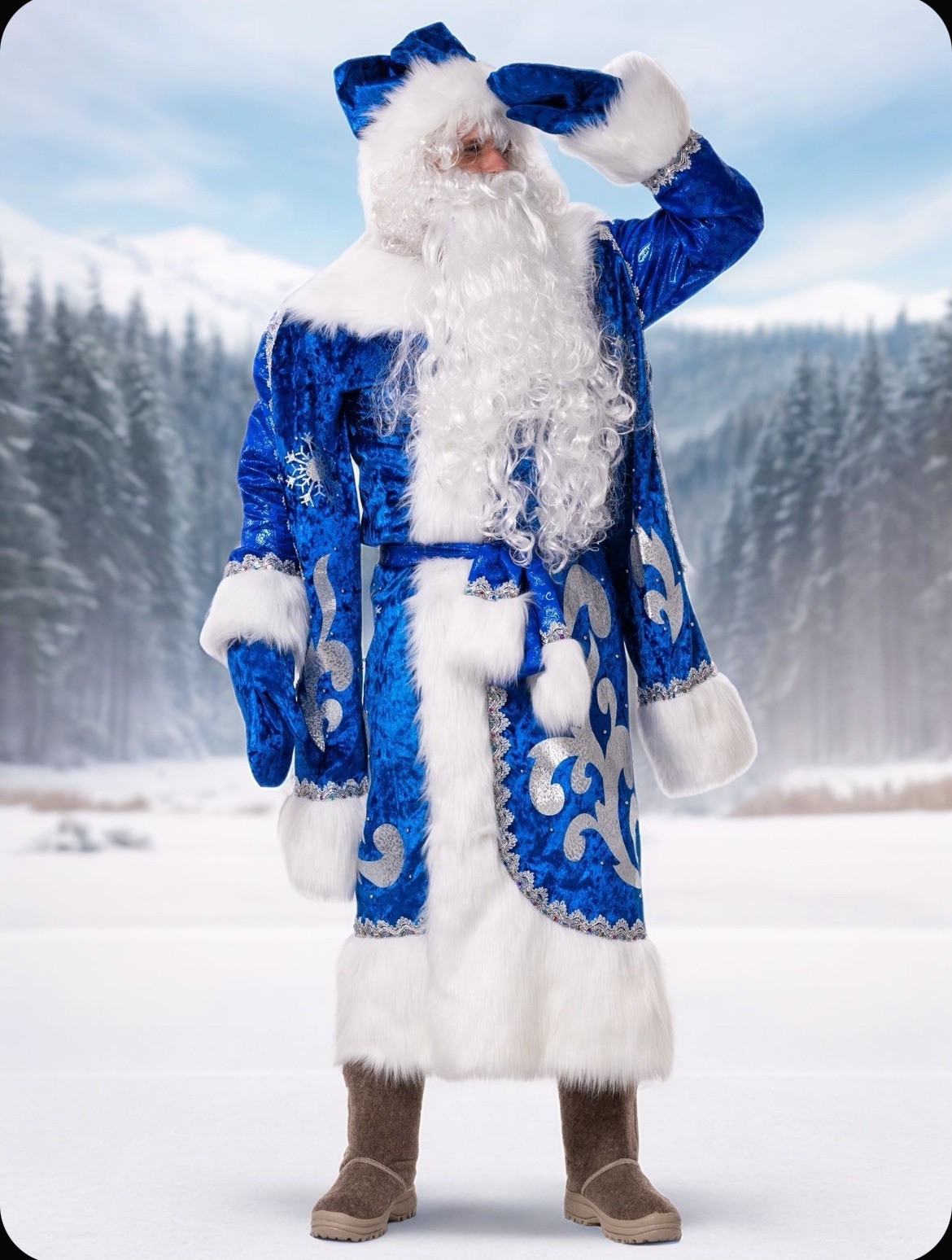 Luxury Ded Moroz costume Santa Claus blue outfit, Father Frost long robe. Santa