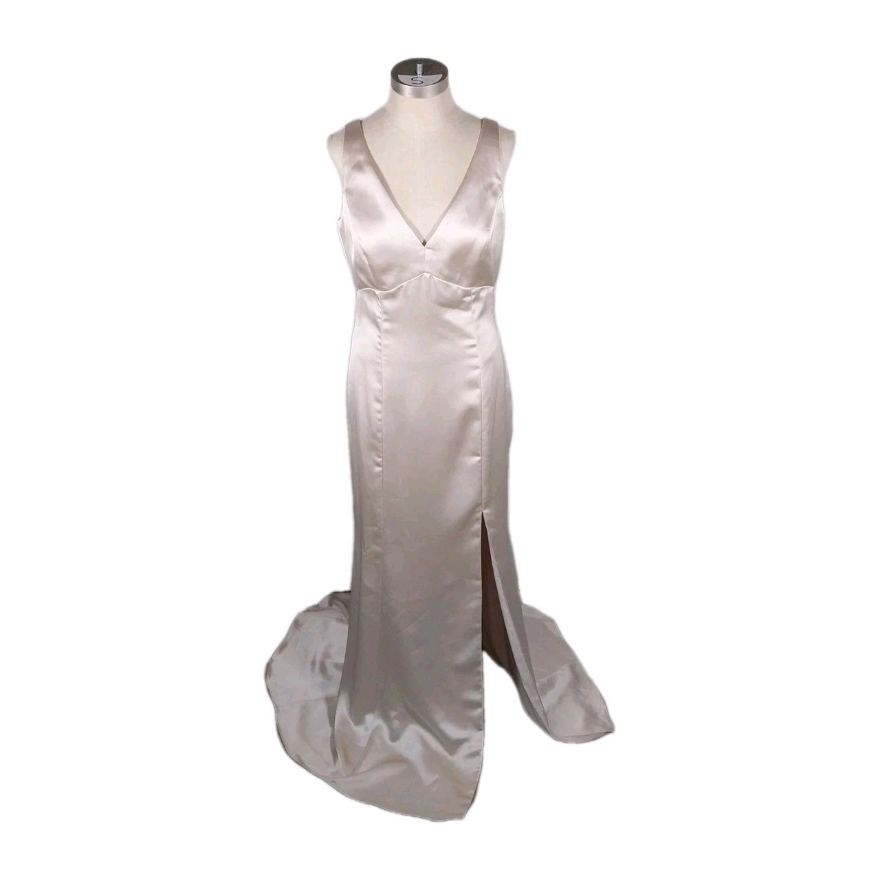 Amsale Tiana Champagne Fluid Satin Open Back Gown Bridesmaid Quiet Luxury Size 8