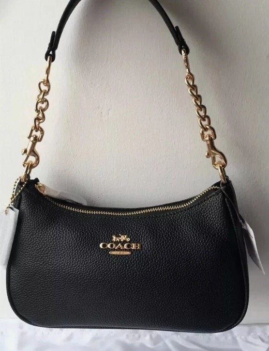 COACH CA209 TERI Shoulder Bag Hand Bag Black Refined Pebble Leather Outlet New