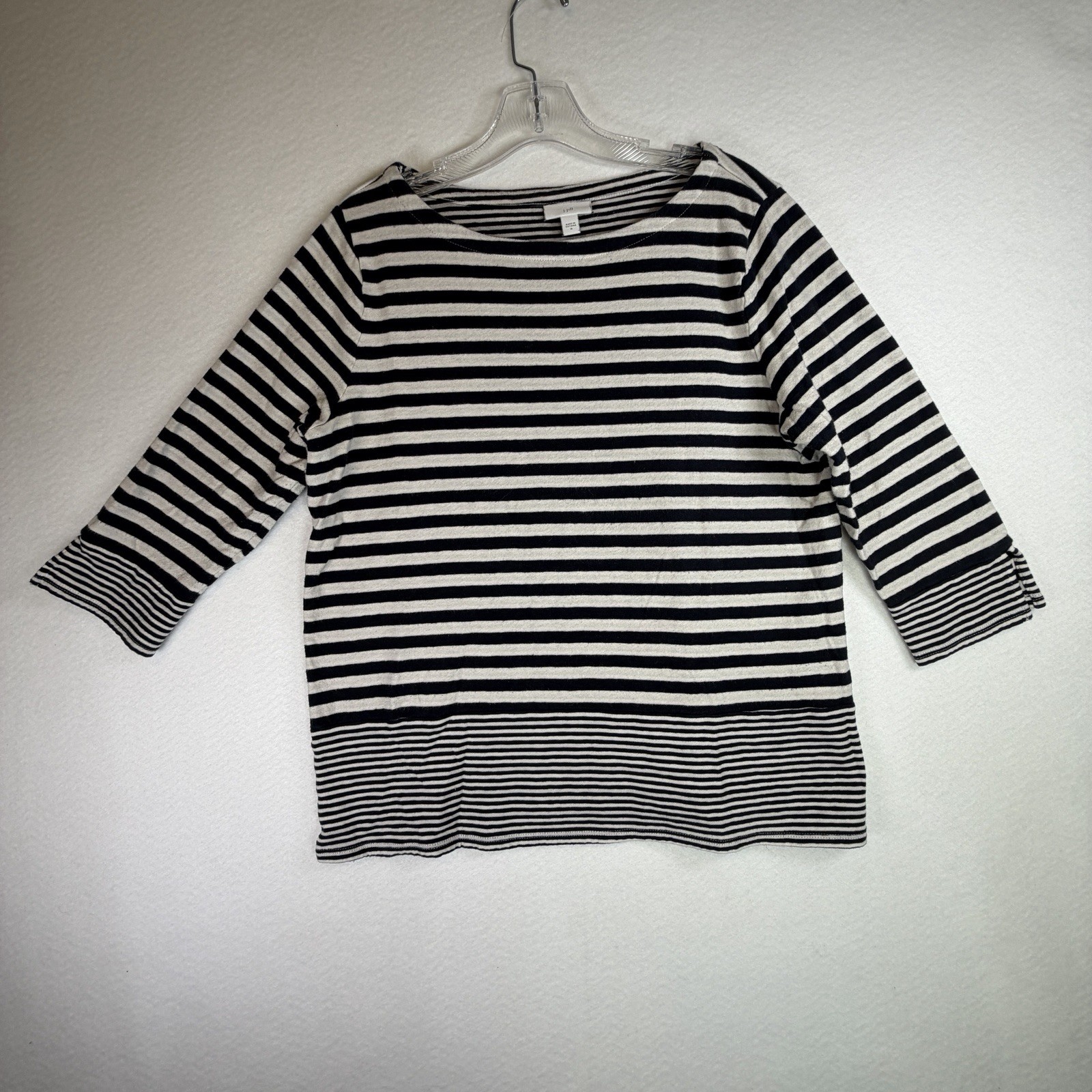 J Jill Womens M Navy Ivory Striped Boat Neck 3/4 Slve Cotton Rayon Top Preloved 
