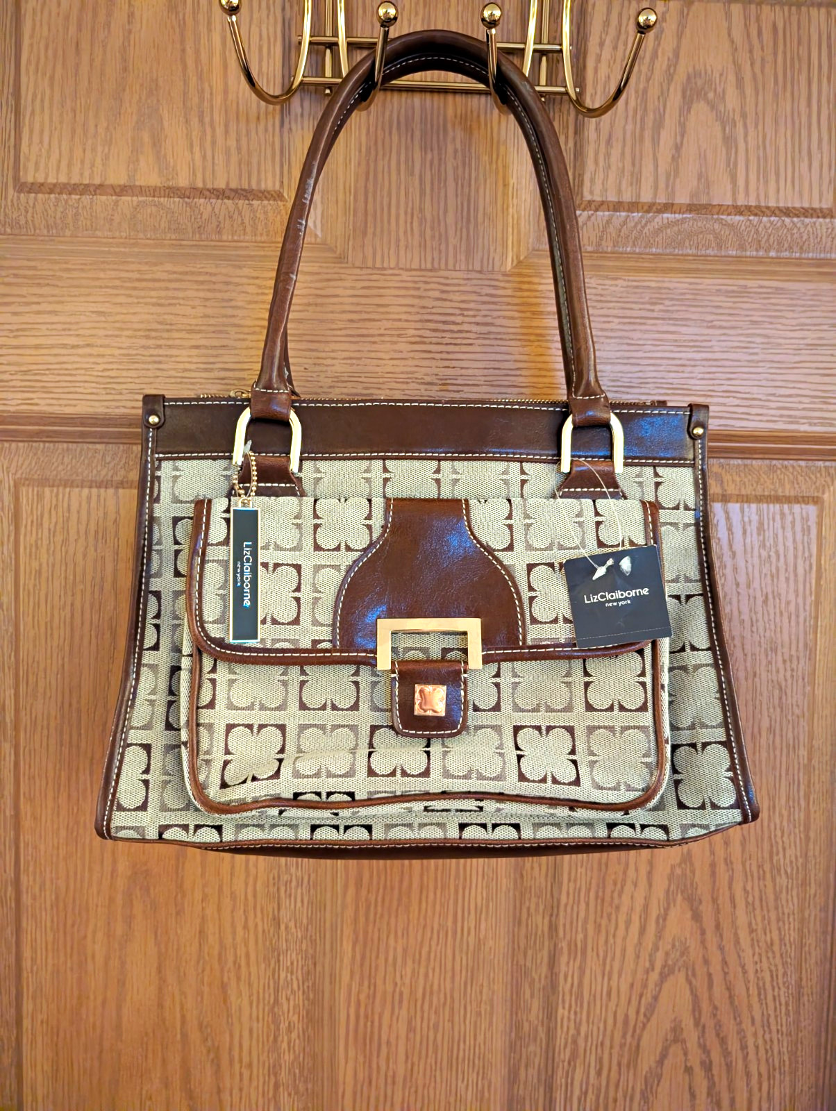 NWT Vintage Liz Claiborne Y2K Clover Monogram Jacquard Satchel Handbag Purse