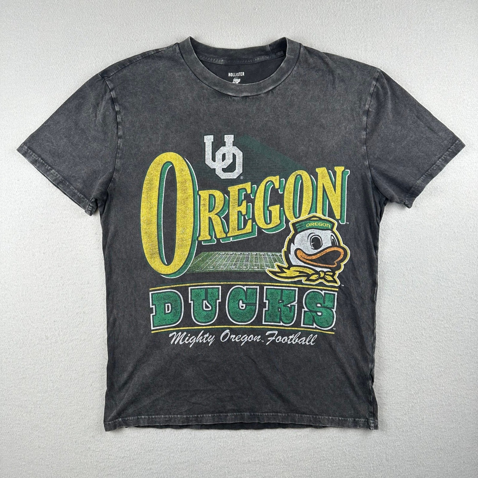 Hollister Blue 84 Oregon Ducks T-Shirt Mens M Gray Mineral Wash Football Graphic