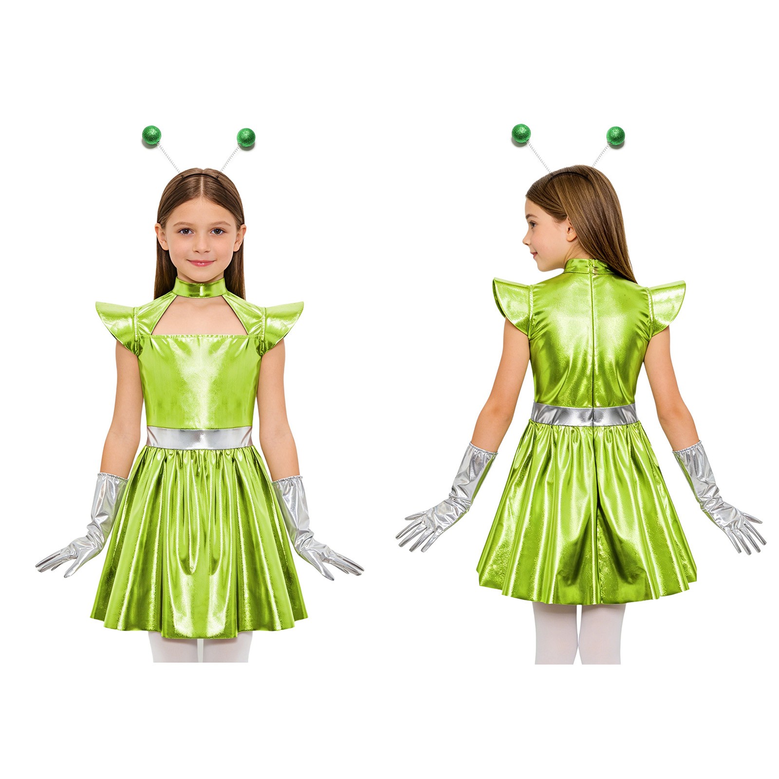 Girls Alien Costume Holographic Dress Sparkly Cosplay Costume Themed Party