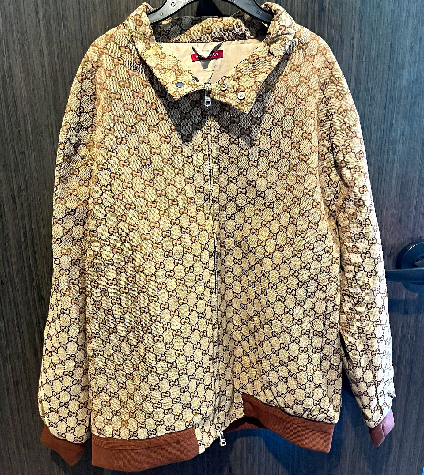 Gucci Men\'s GG Monogram Full Zip Canvas Jacket 3XL Big & Tall Beige Brown