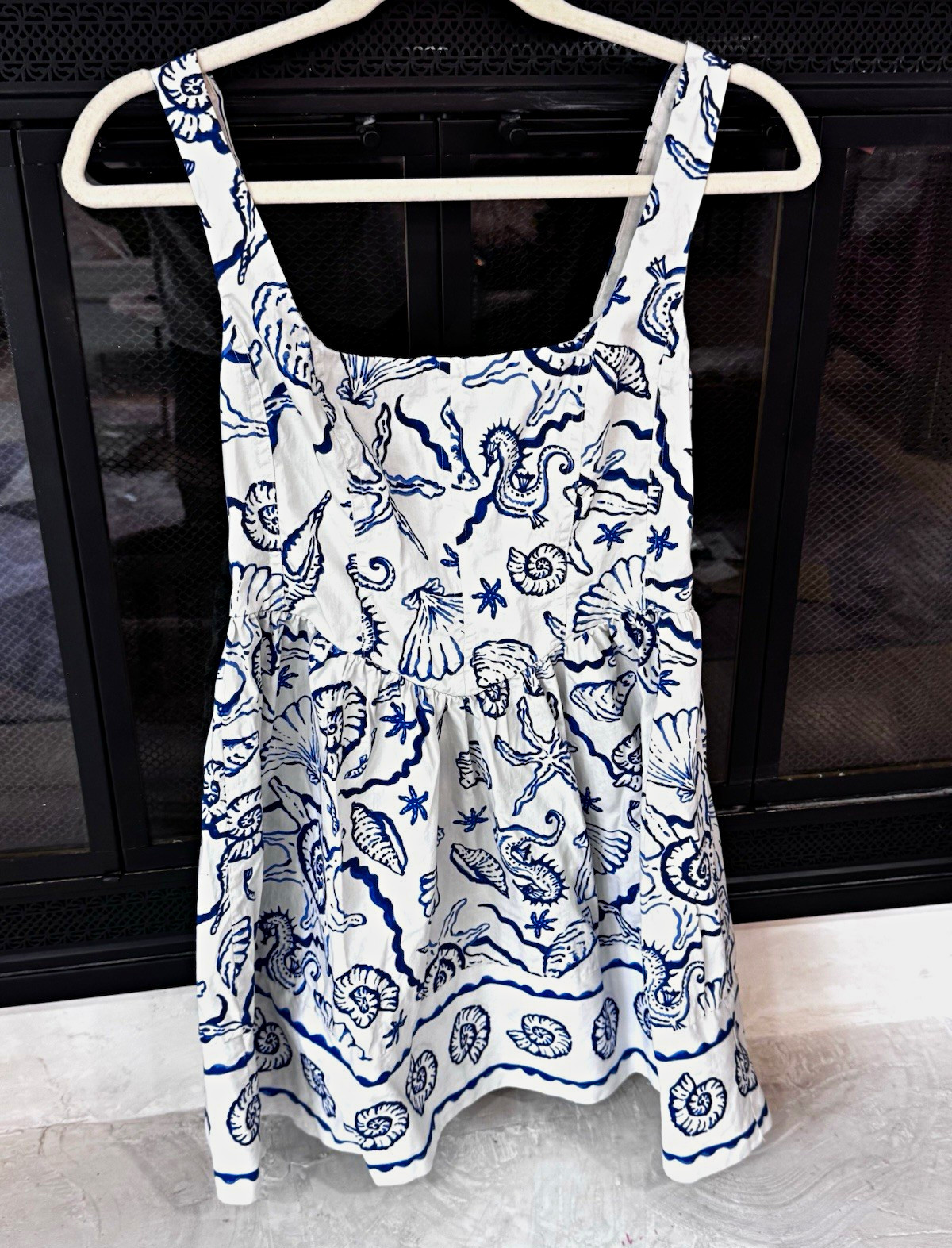 H&M Women\'s S White/Blue Shell Sea Life A-Line Knee Dress Square Neck Zip