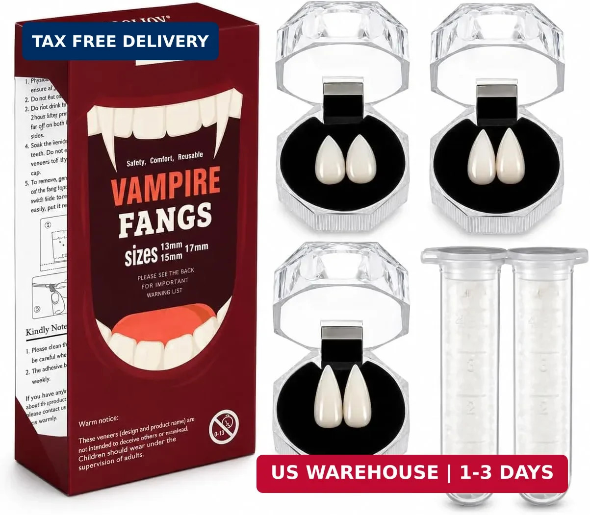 Realistic Vampire Fangs in 3 Sizes - Halloween Teeth Set with Adhesive Pack