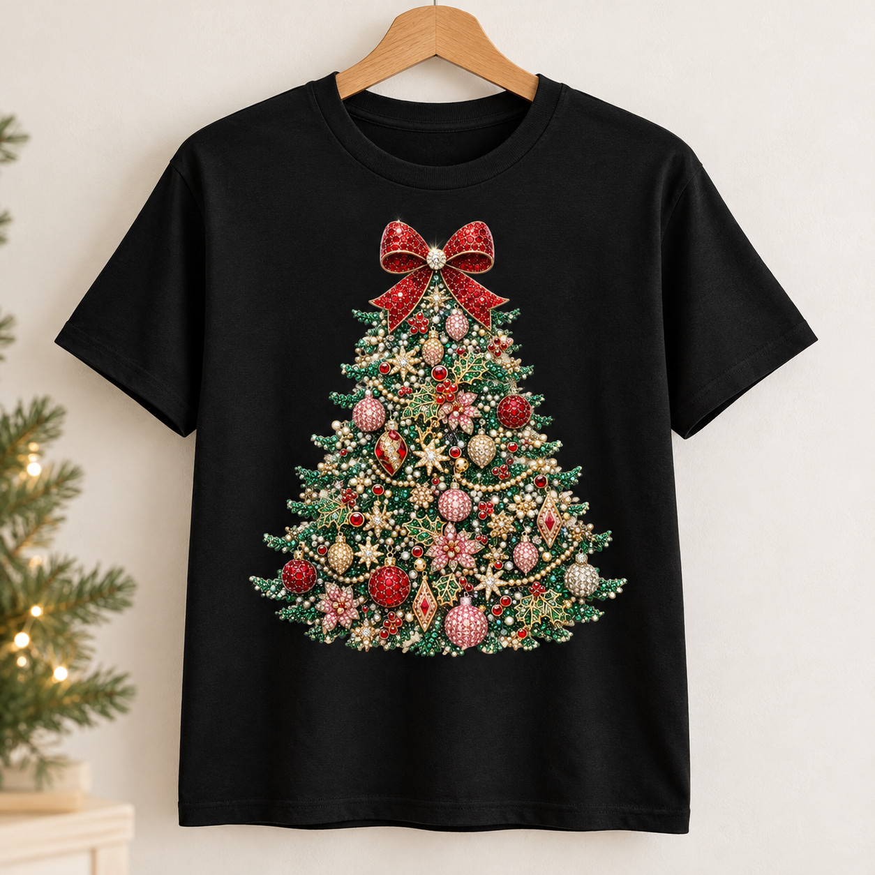 Jeweled Christmas Tree Shirt Bow Holiday Top Graphic Tee Women