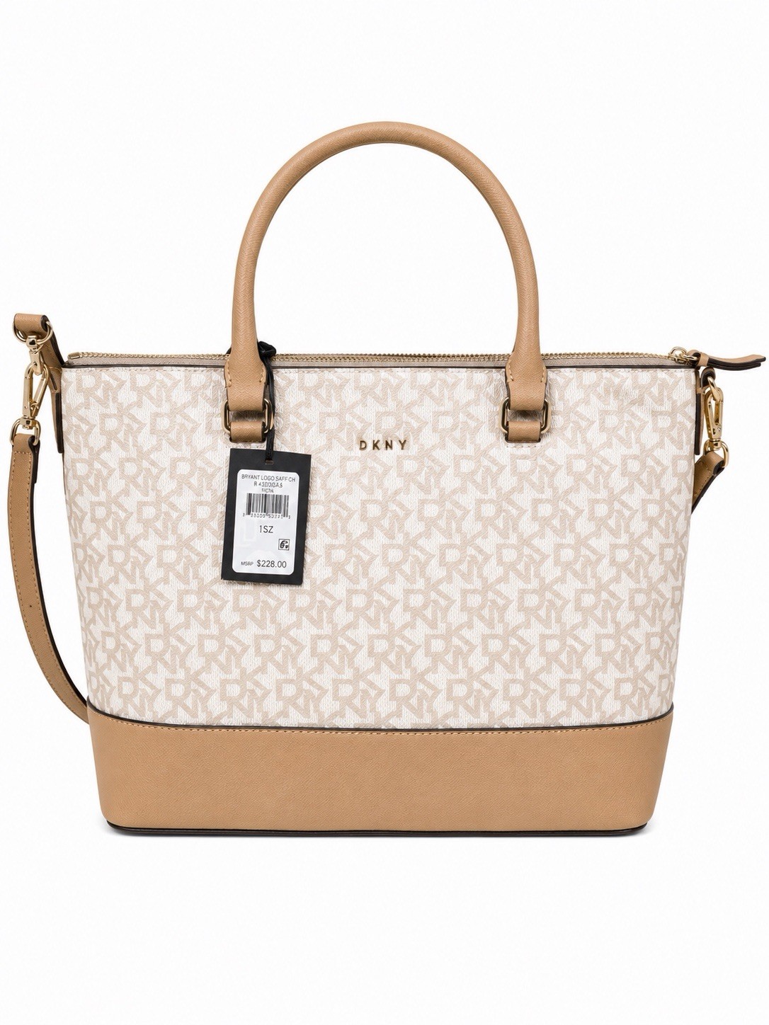 NWT DKNY Bryant Logo Satchel Cream Beige Monogram Crossbody Tote Bag