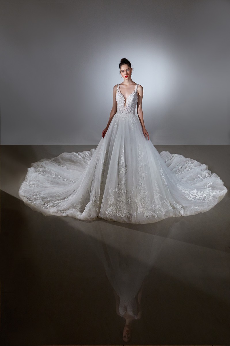 Wedding gown by Demetrios Style AM07 with a royal  cathedral tr train