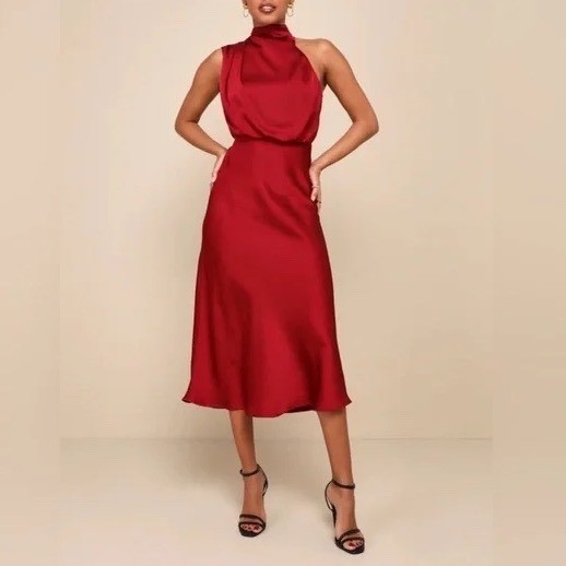 Lulus Distinctive Charm Midi Dress Womens Small Burgundy Stretch Asymmetrical