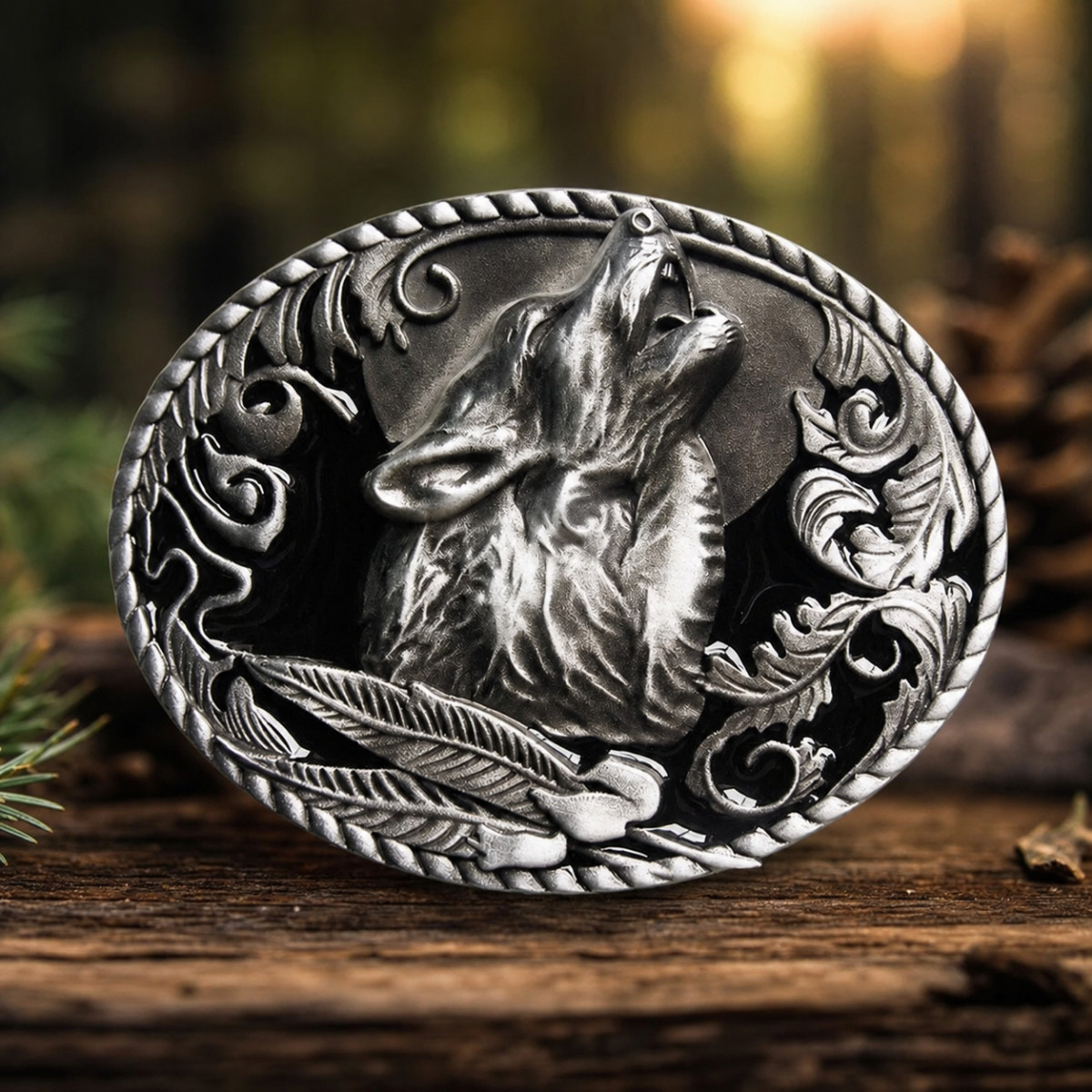 Howling Wolf Belt Buckle Scroll Feather Design Western Silver Tone Metal