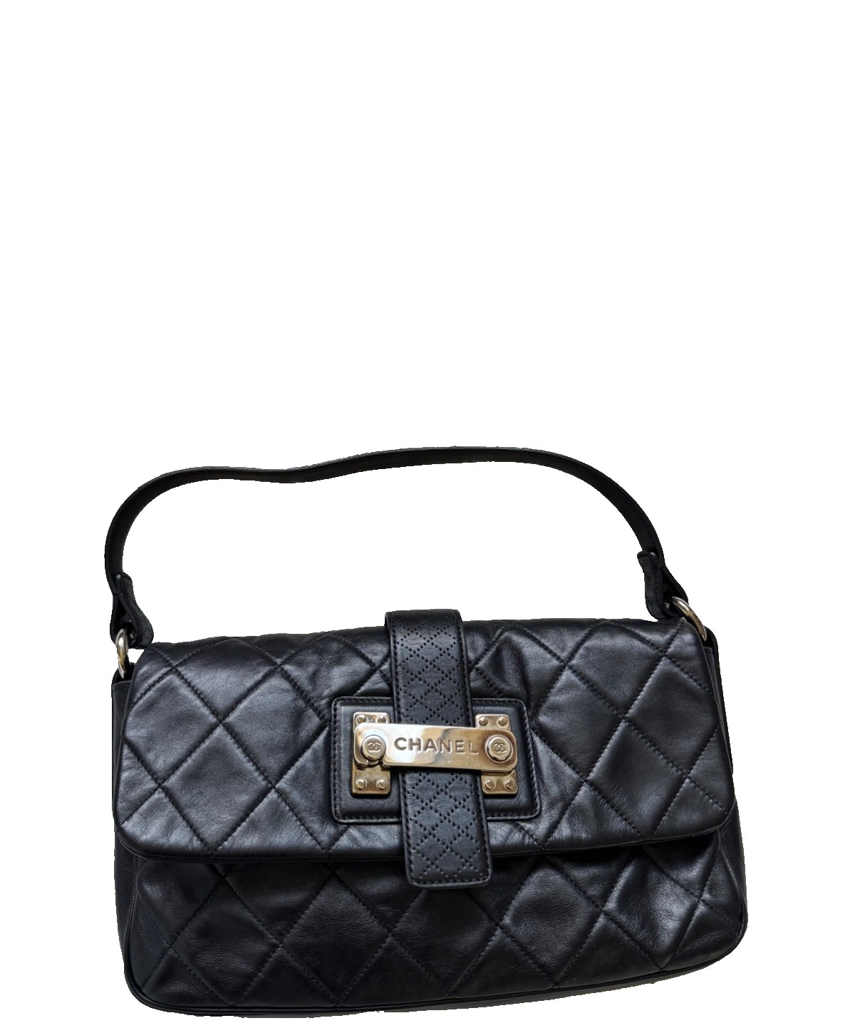 Chanel Door Latch Flap Shoulder Bag Quilted Leather Black Handbag