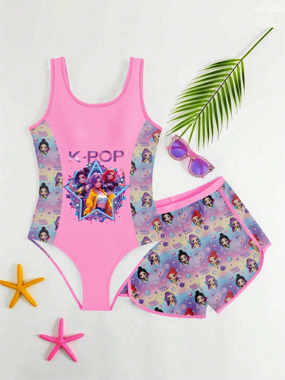 Girls K-Pop demon hunter Inspired Swimsuit Set One Piece Swimwear Matching Skirt