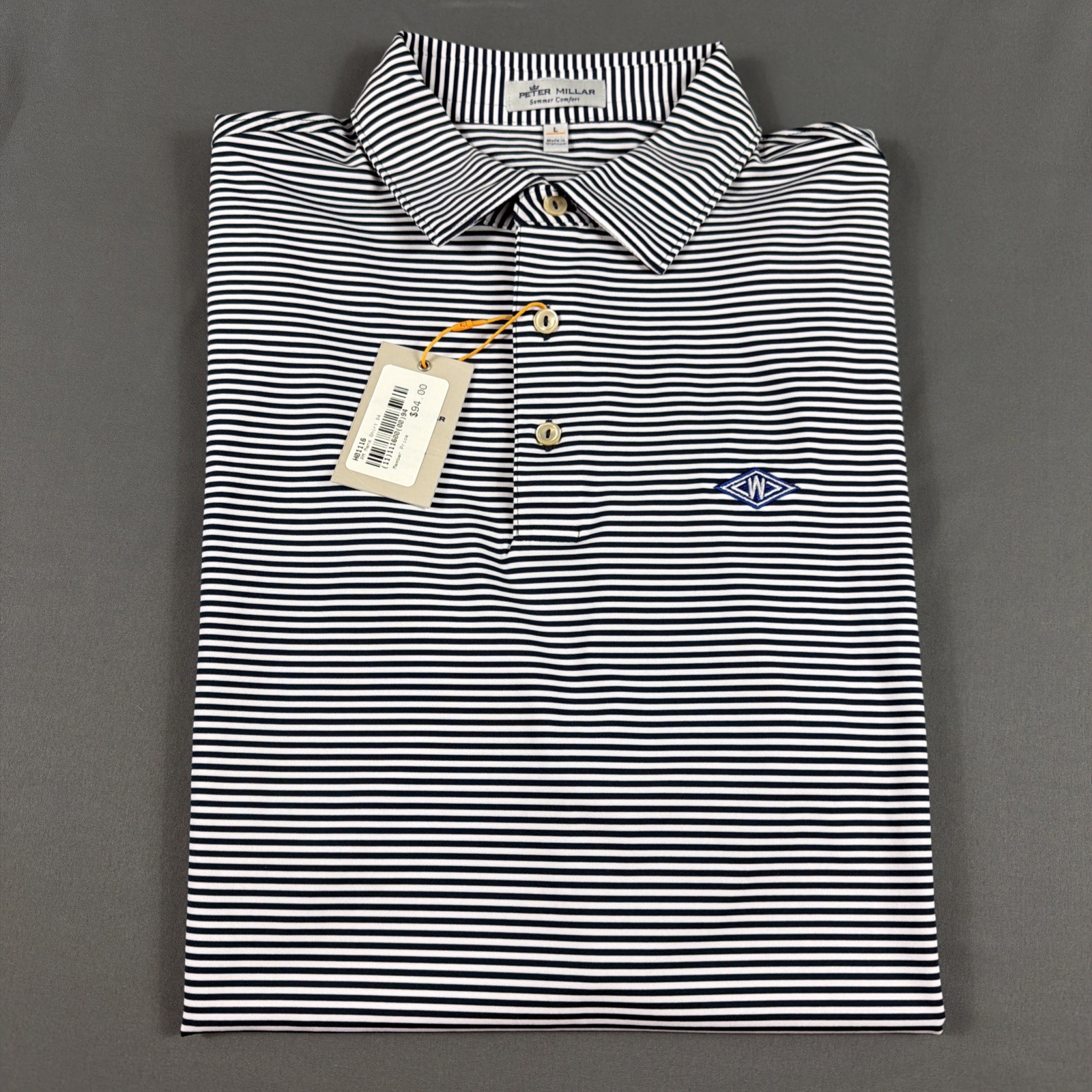 Peter Millar Golf Shirt Polo CS Summer Comfort Chest Logo Striped Large Navy/W