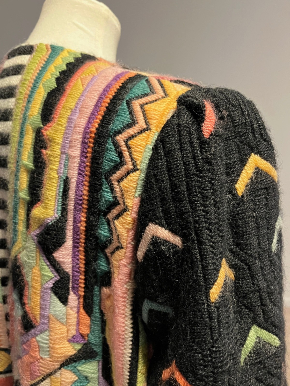 RARE VTG  80s Coat Wearable Art Wool Geometric, Chevron, Zig Zag Rainbow Pastels
