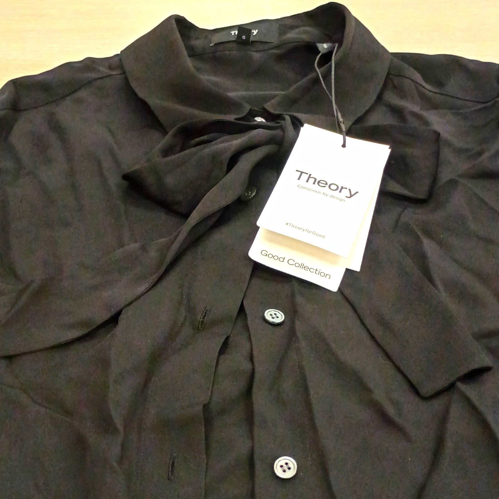 Theory Women\'s Black Silk Chiffon Collared Tie Button-Up Blouse L