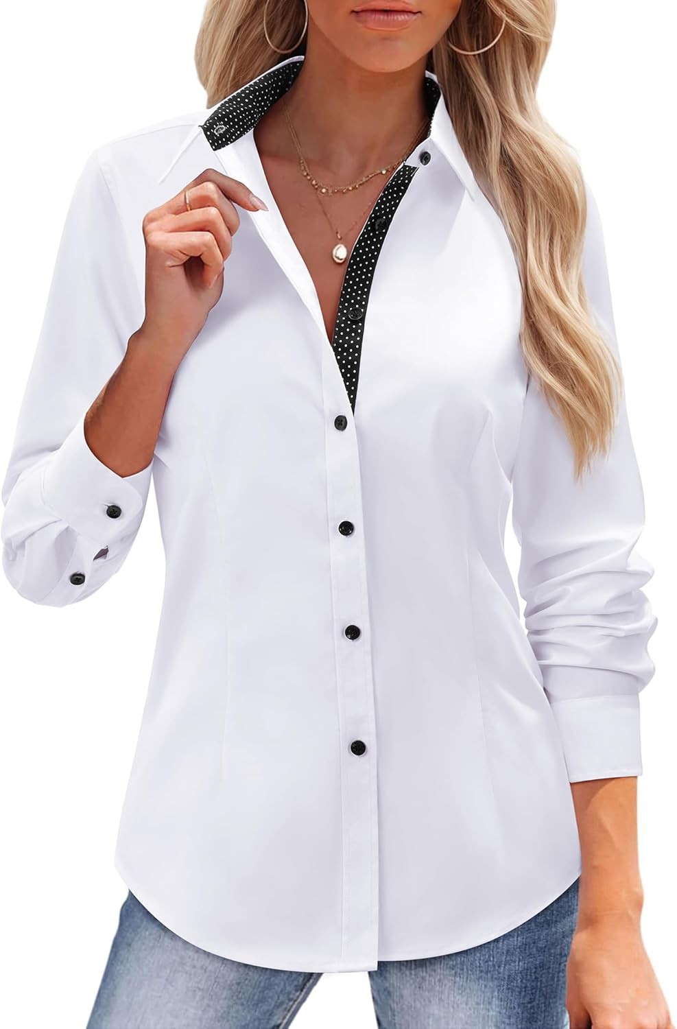 Wrinkle Free Stretch Cotton Button Down Dress Shirt Women Long Sleeve Work