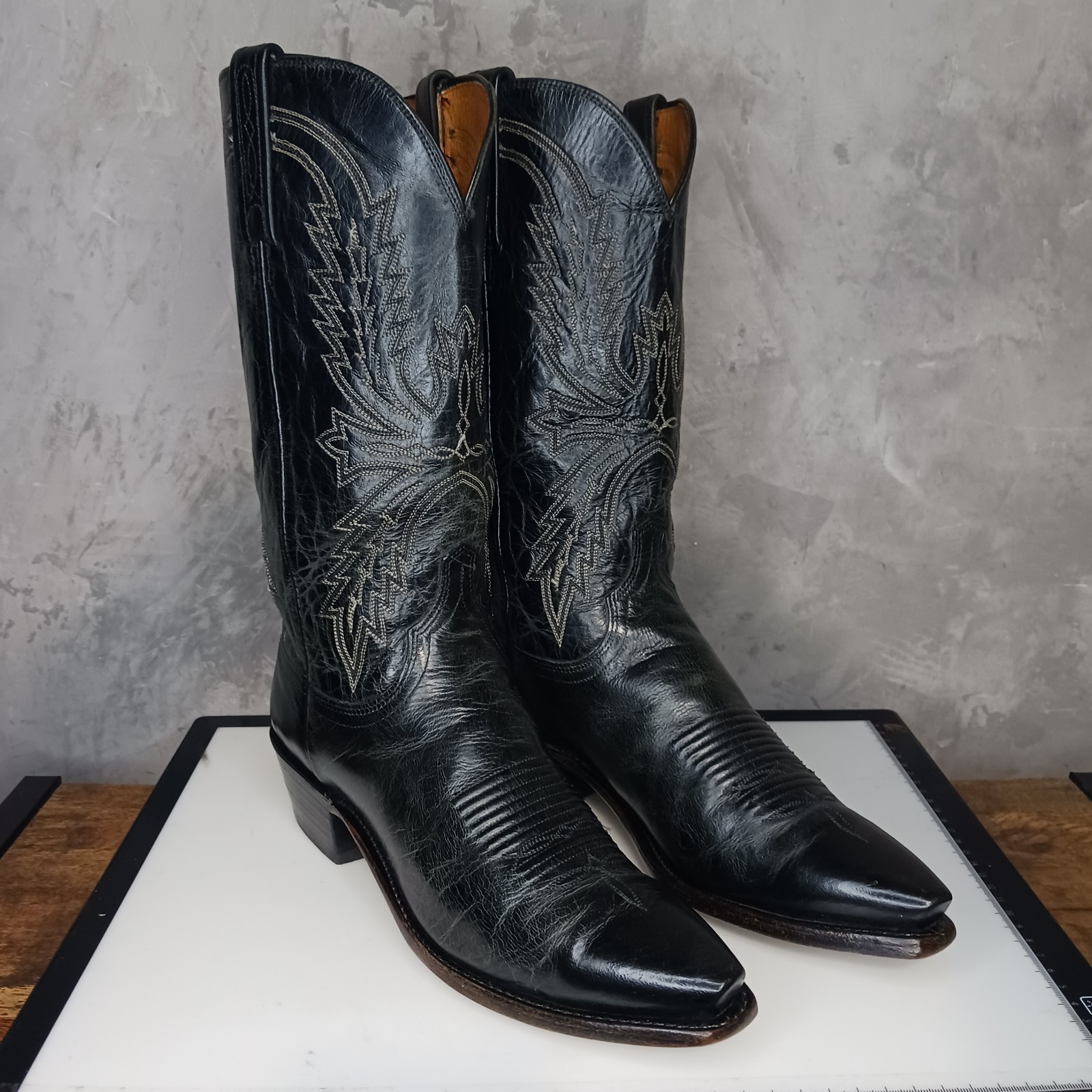 Lucchese 1883 Rare Vintage Crayton Black Mad Dog Goat Leather Boots 8D N1560