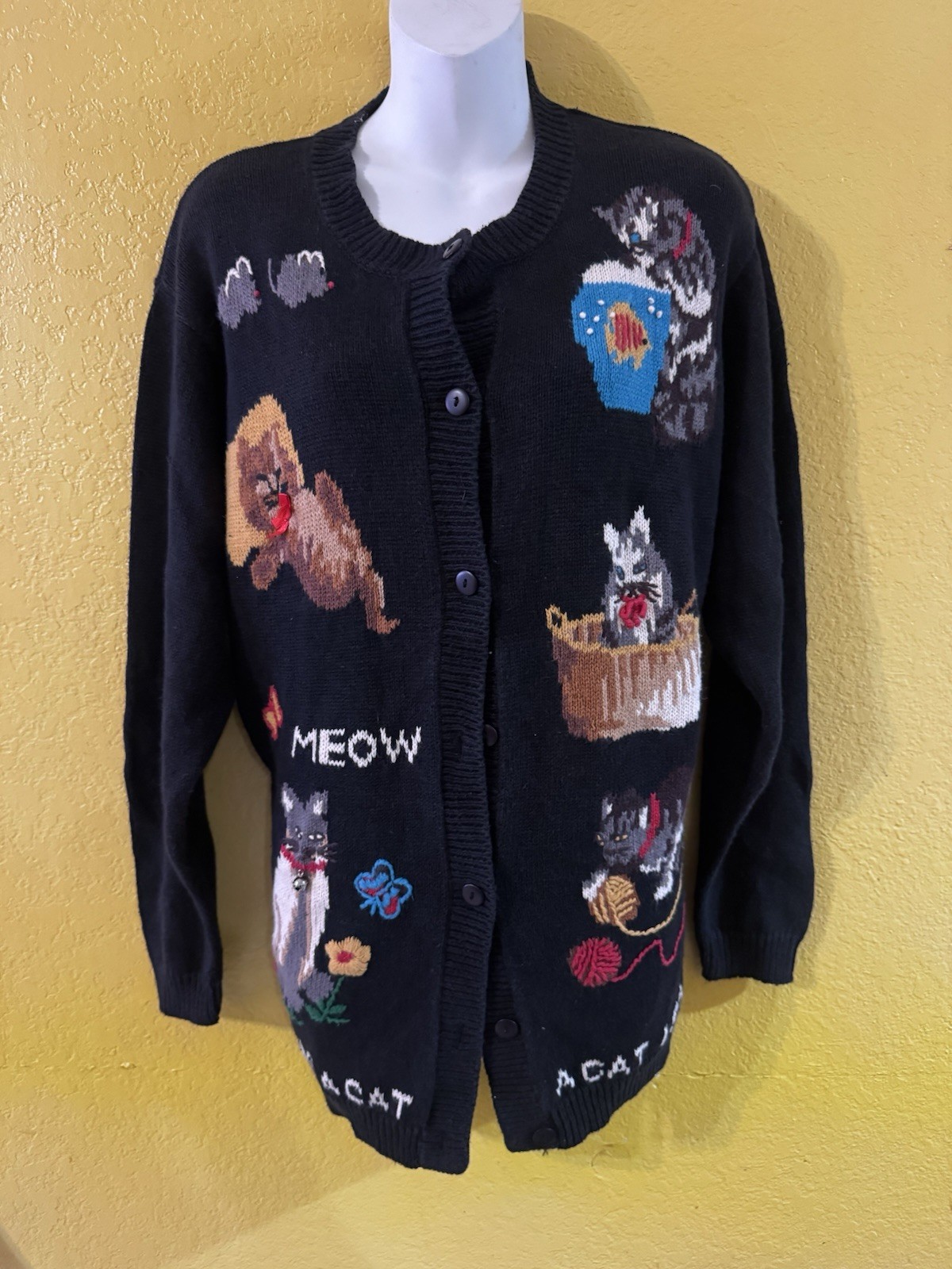 Vtg Quacker Factory A Cat Is A Cat Cardigan Sweater Black Embroidered Knit Sz 1X