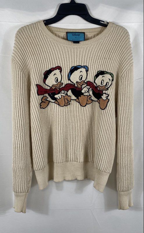 Gucci x Disney Men\'s Beige Donald Duck Nephews Ribbed Knit Sweater Sz XL