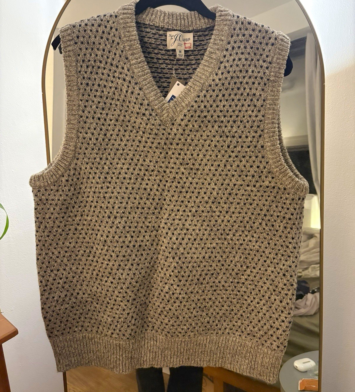 J.Crew x Knoll Yarns Men’s V-Neck 100% Wool Sweater Vest Gray/Black Knit M