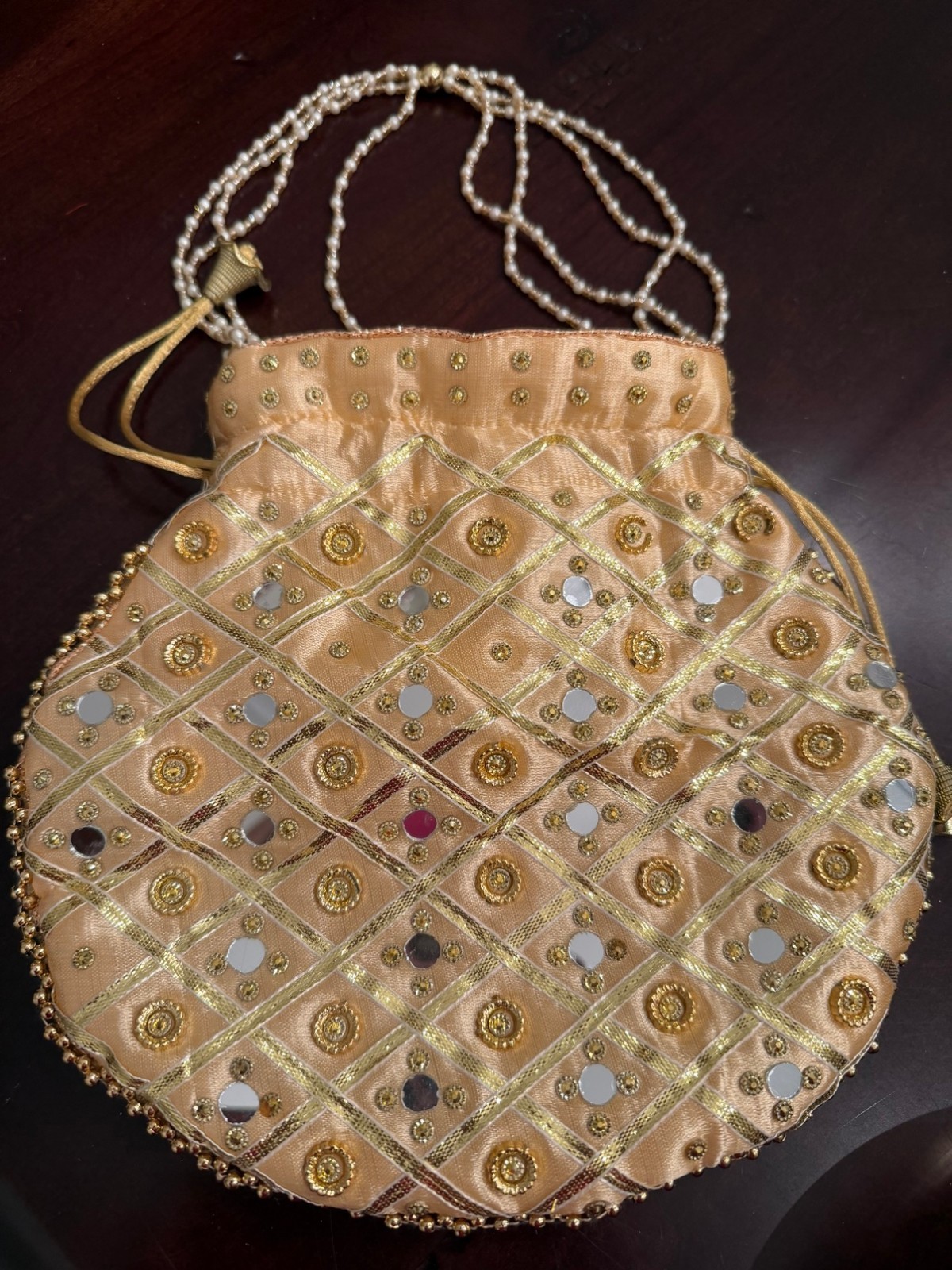 Indian Pakistani Potli Bag – Gold Mirror Work, Pearl Handle, New