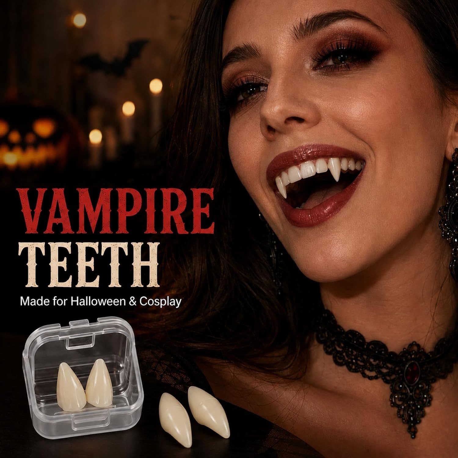 Vampire Fangs for Adults, 4 Pairs with Adhesive, Halloween Teeth