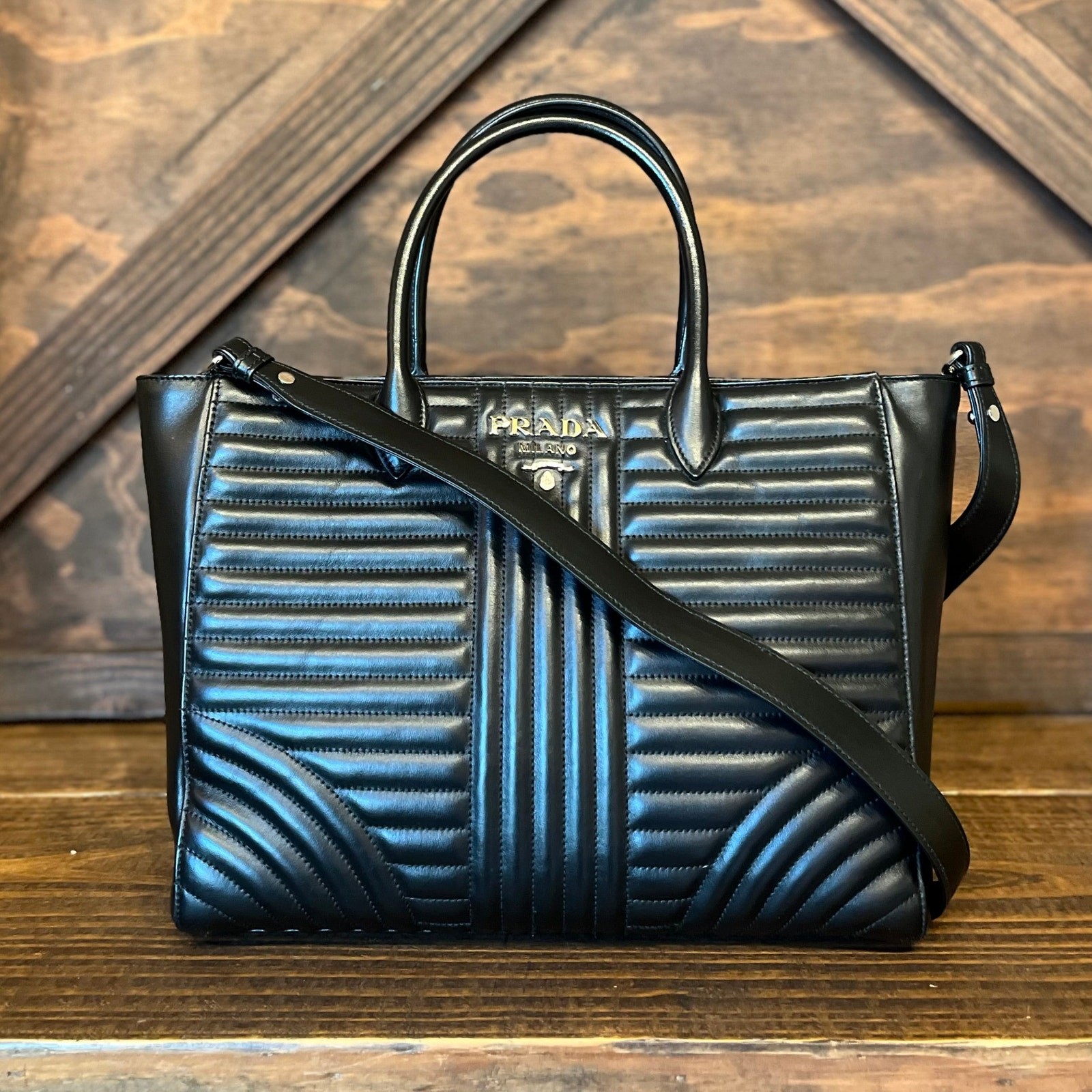 PRADA Diagramme Black Soft Calfskin Leather Impunture Tote