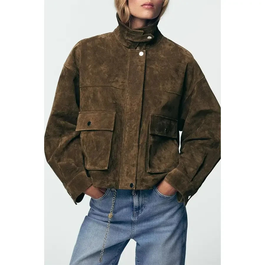 Womens Brown suede Leather Jacket Pure Suede Casual Custom Size XS S M L XL 2XL