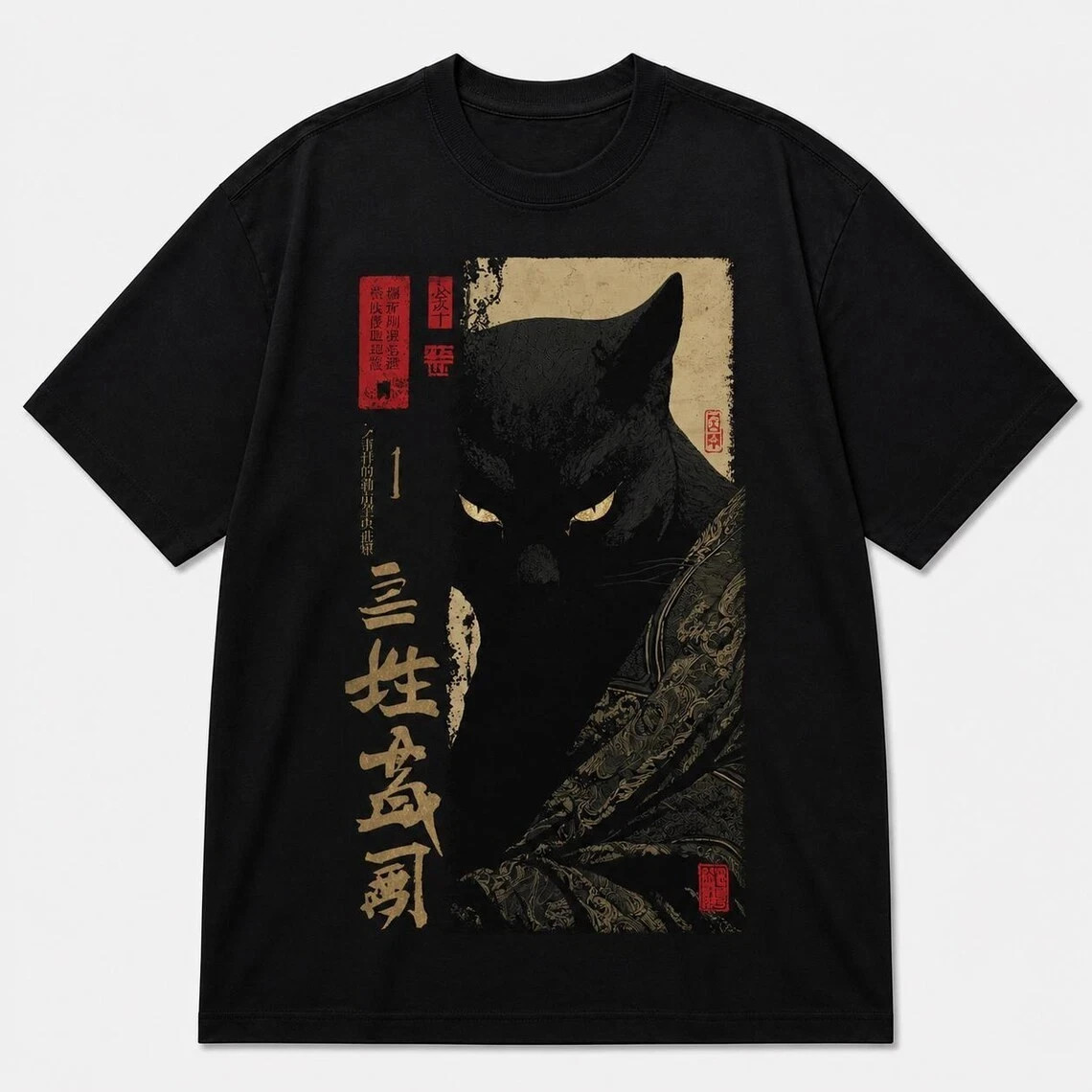 Japanese Samurai Black Cat Vintage Anime Streetwear Cotton T-Shirt New