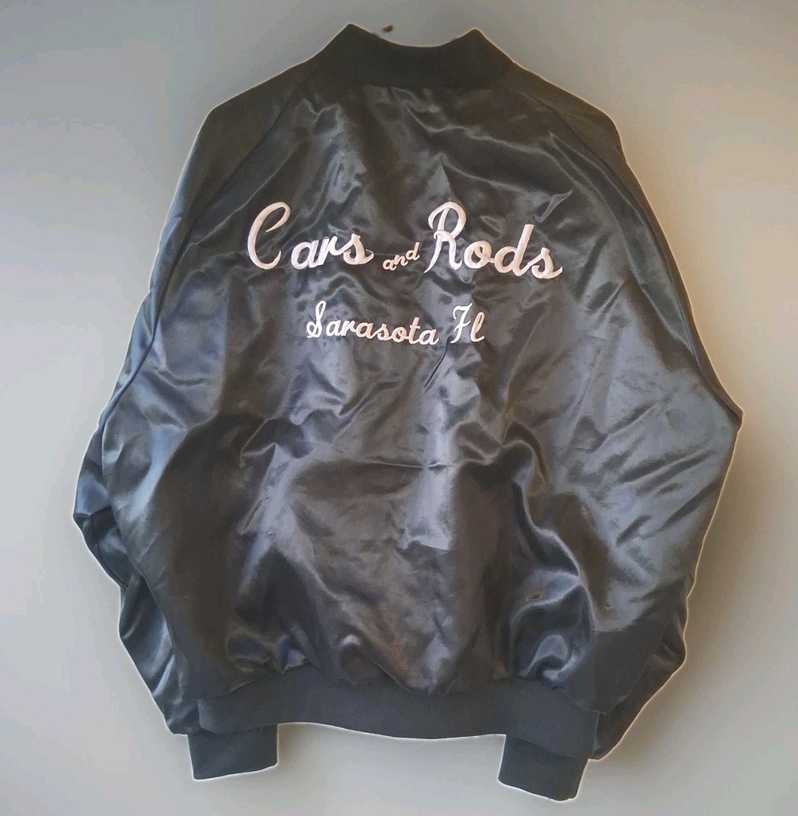 Vintage 1970s Aristo Jac CARS & RODS Shop Sara. FL Satin Jacket EMB \