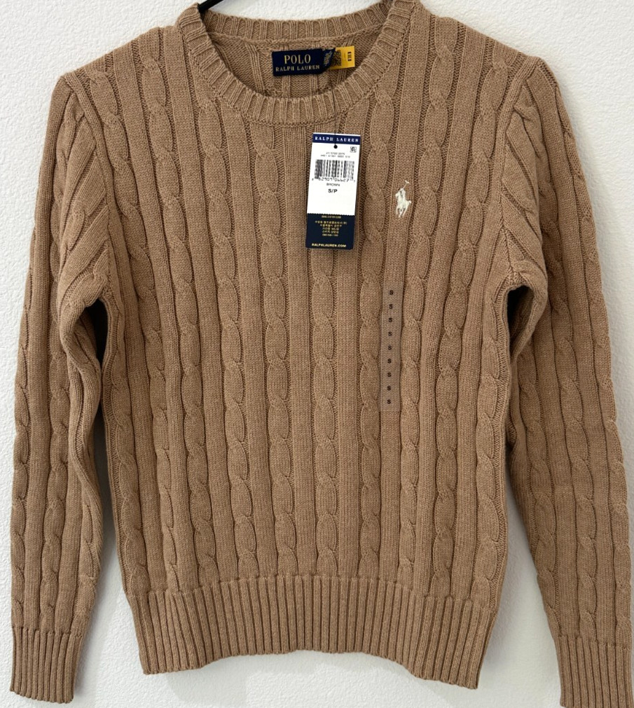 Polo Ralph Lauren Women’s Cable Knit Crew Neck Sweater Brown S NWT QR Authentict