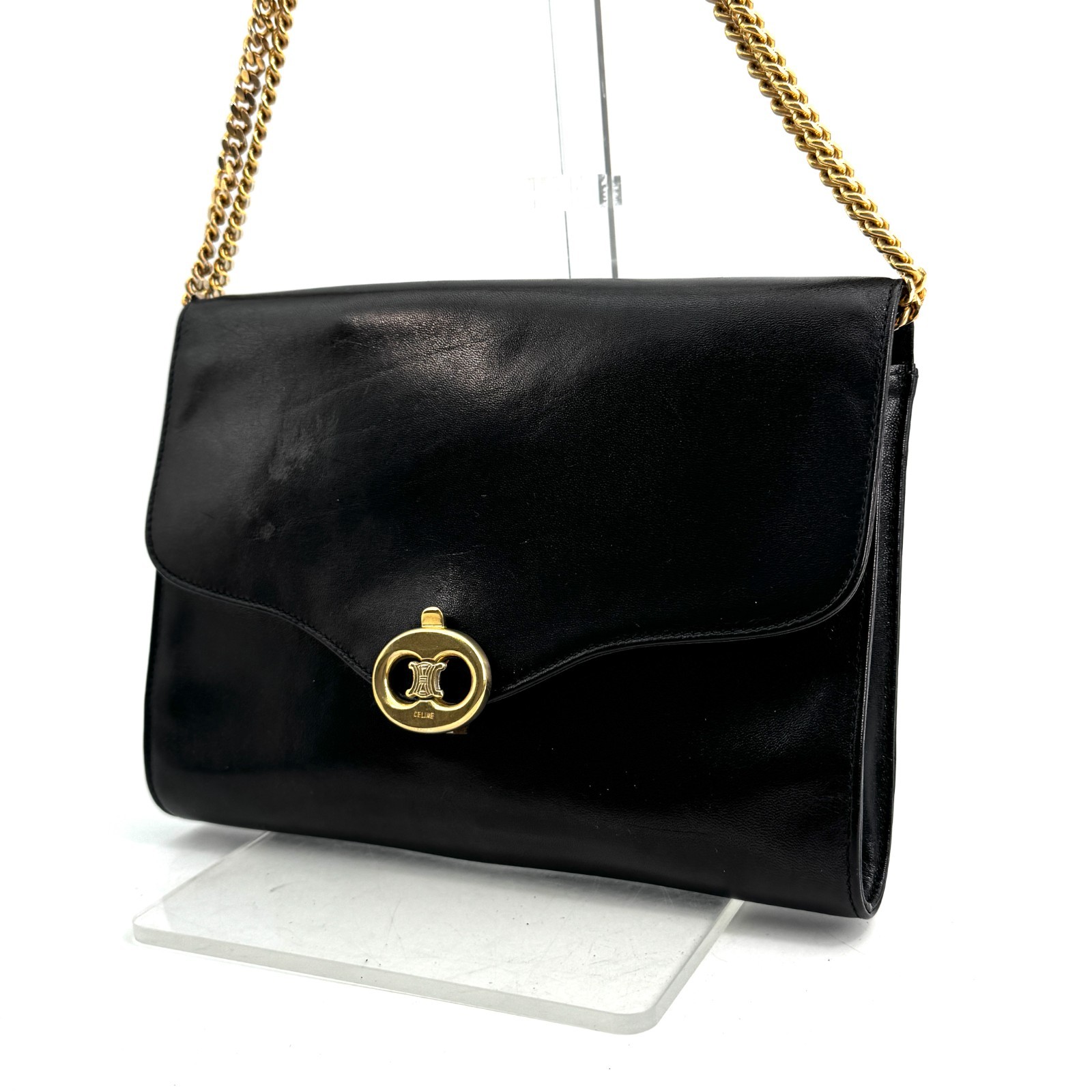CELINE Triomphe Leather Chain Shoulder Hand Bag Black Gold Auth