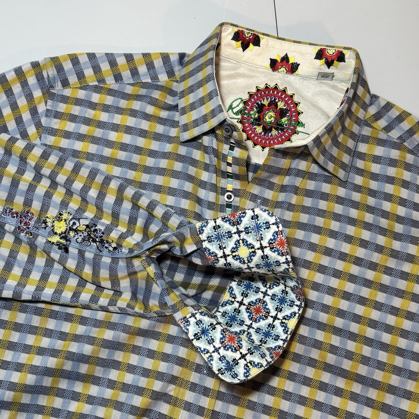 Robert Graham Shirt Flip Cuff Multicolor Floral Plaid Long Sleeve Size Medium